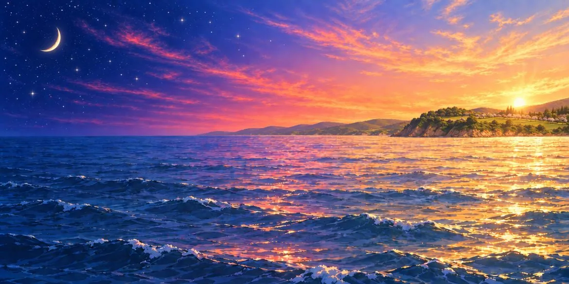 The horizon at evening and morning; the moon and stars on one side, the rising sun on the other.