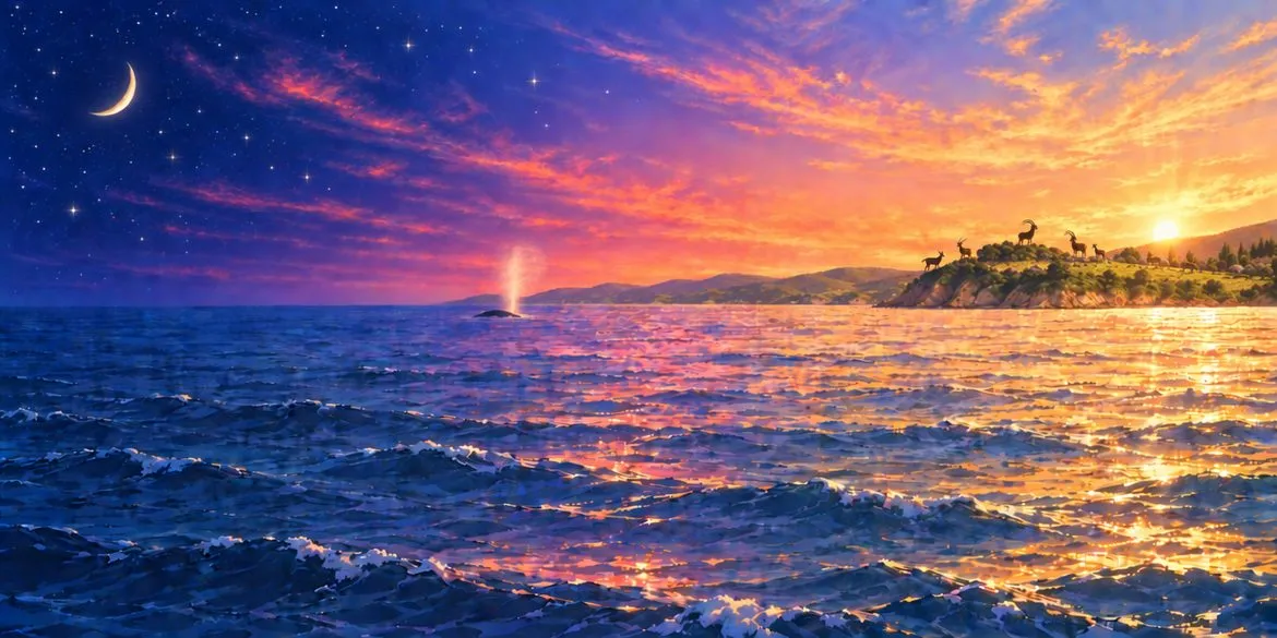 The horizon at evening and morning; animals stand on the headland.