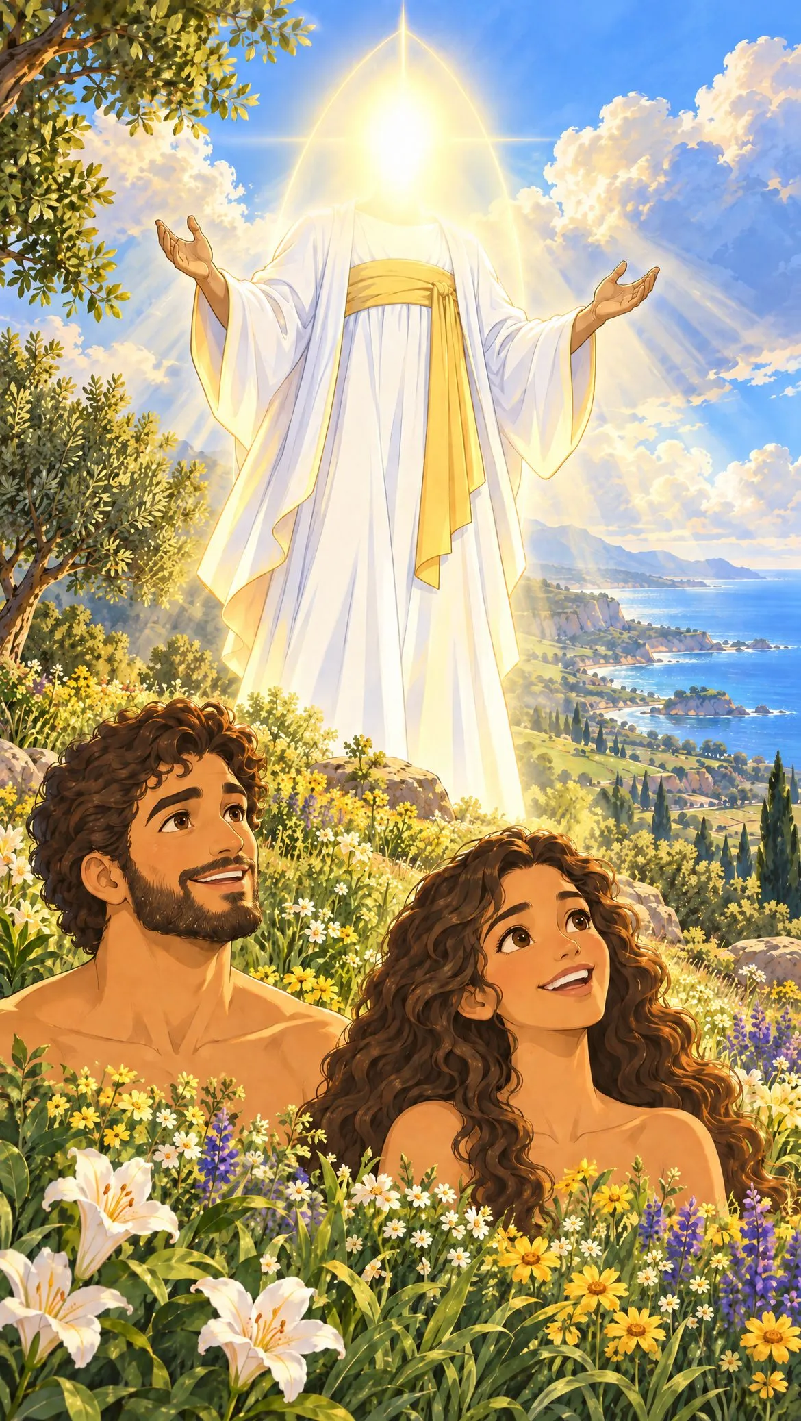 The radiant one blesses the man and the woman on a flowering hillside above the sea.