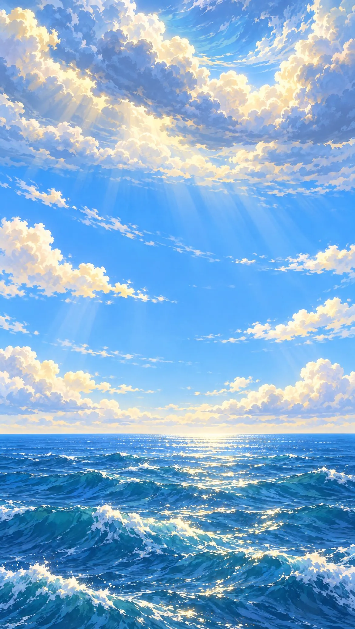 Clouds lifted high above a clear blue expanse; the sea below.
