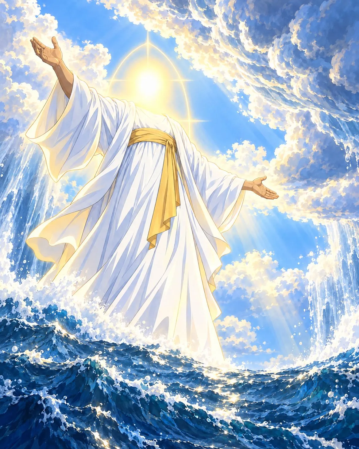 The radiant one, arms spread, lifts the waters apart: sea below, clouds above.