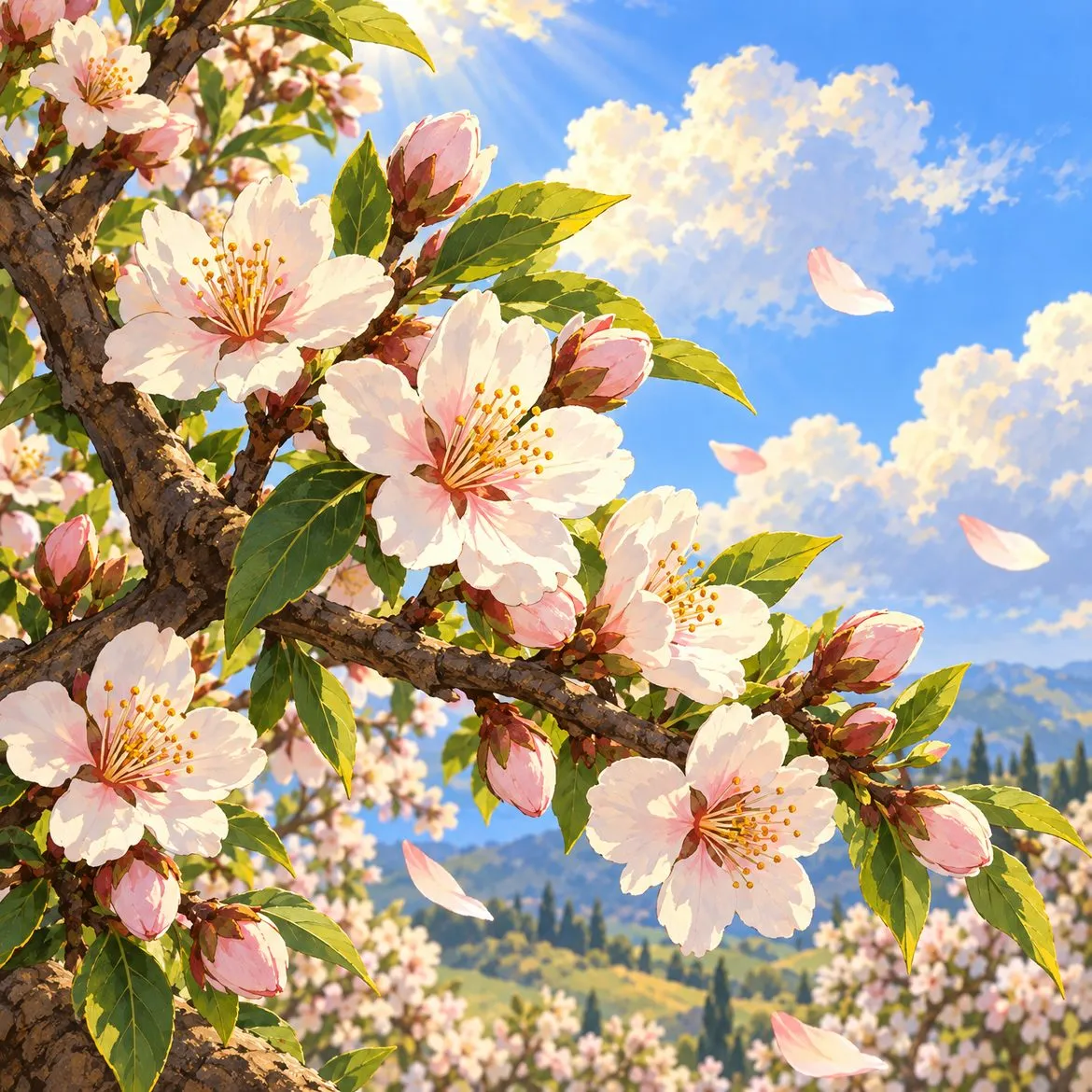An almond branch bursts into blossom.