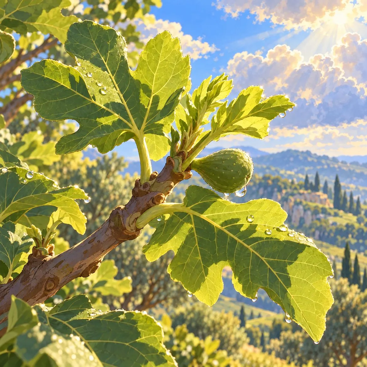 A fig branch unfurls new leaves and a first small fig.