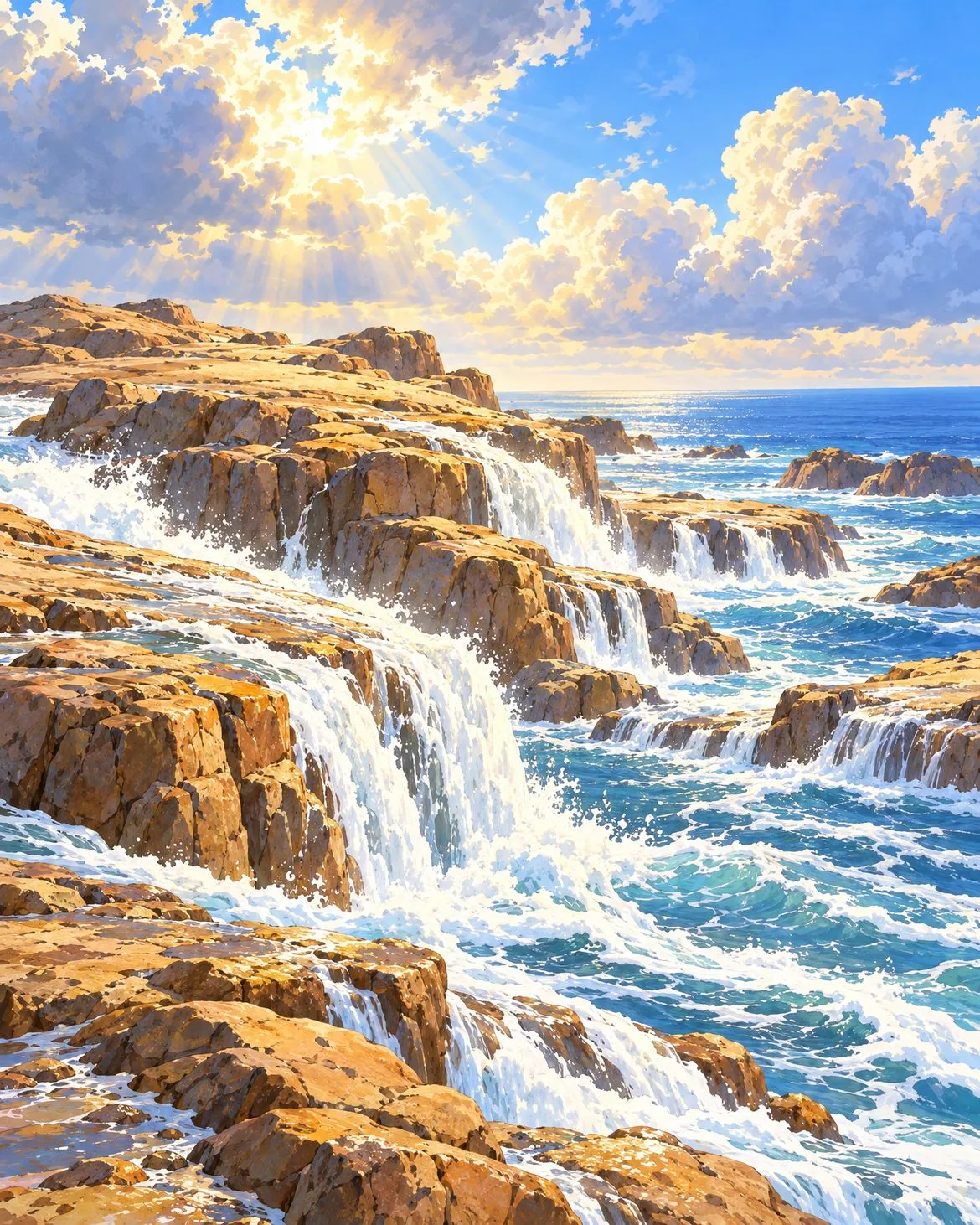 Sheets of seawater pour off newly risen rock as the waters gather.