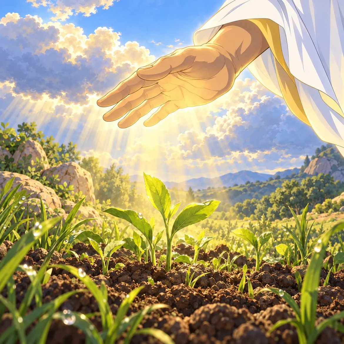 A hand of light held over the ground as the first green shoots spring up.