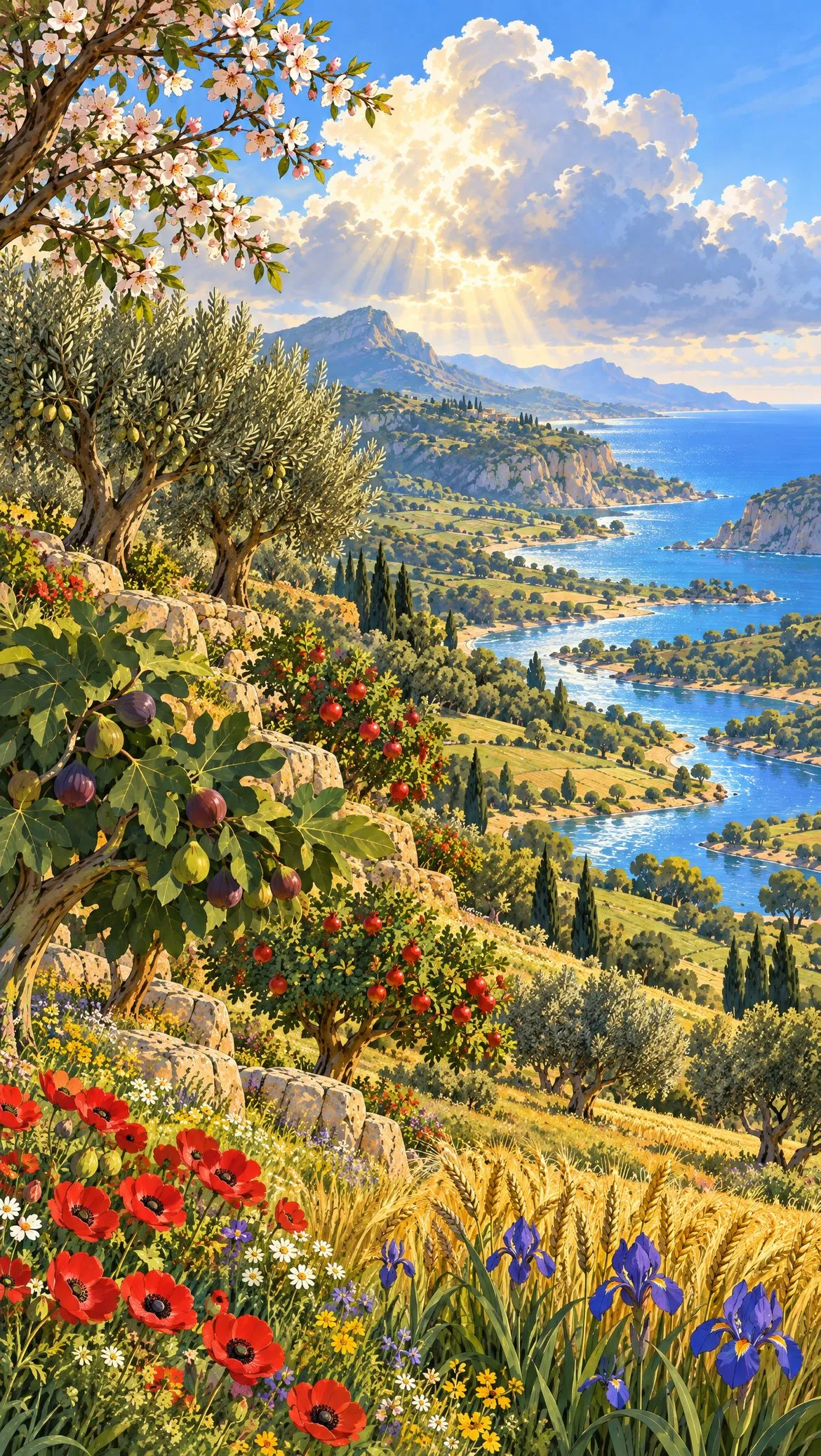 Hills of fruit trees, grain and flowers running down to the sea.