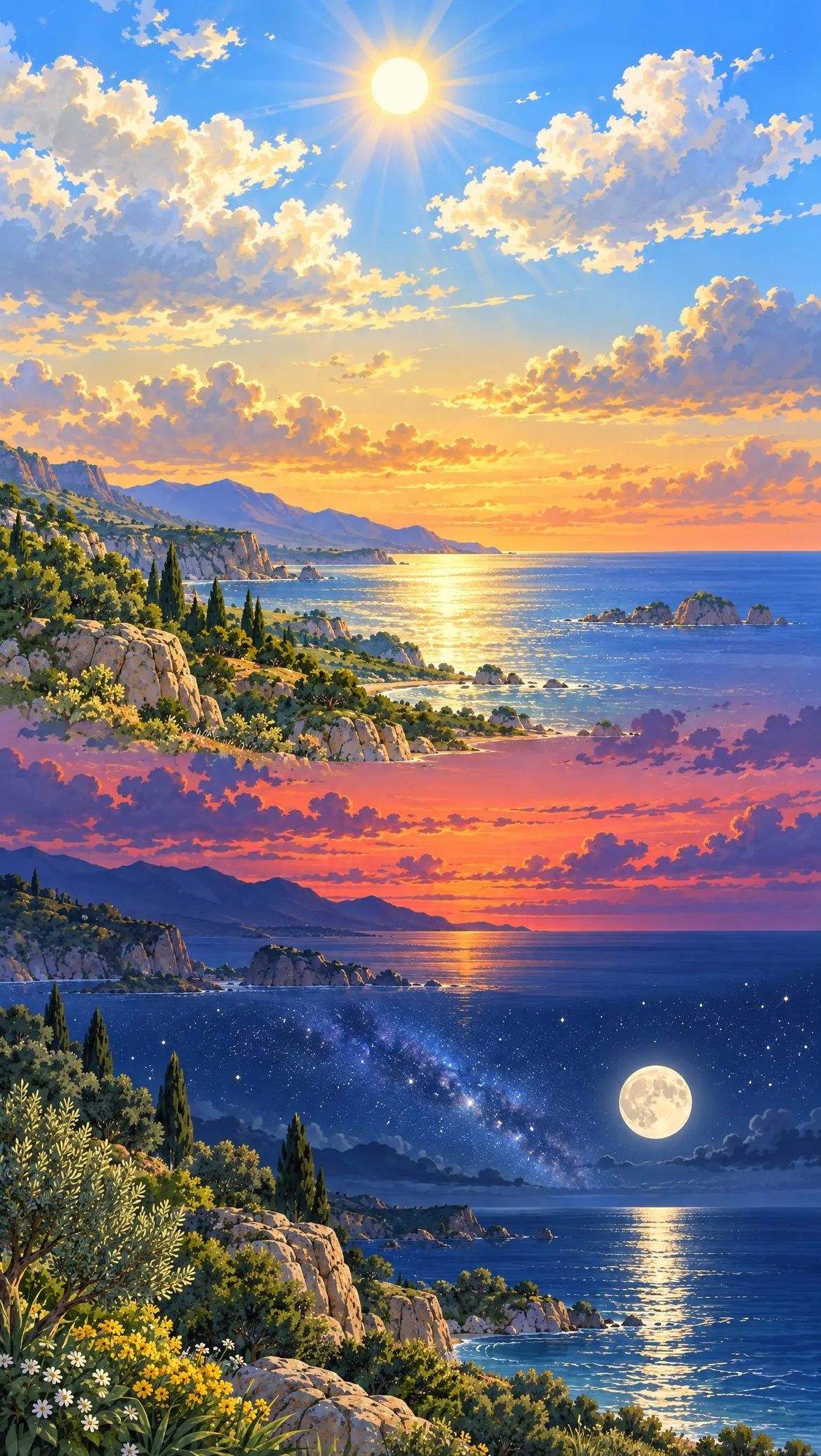 The sun high in the day sky; the sky deepening to night with the moon and the stars.