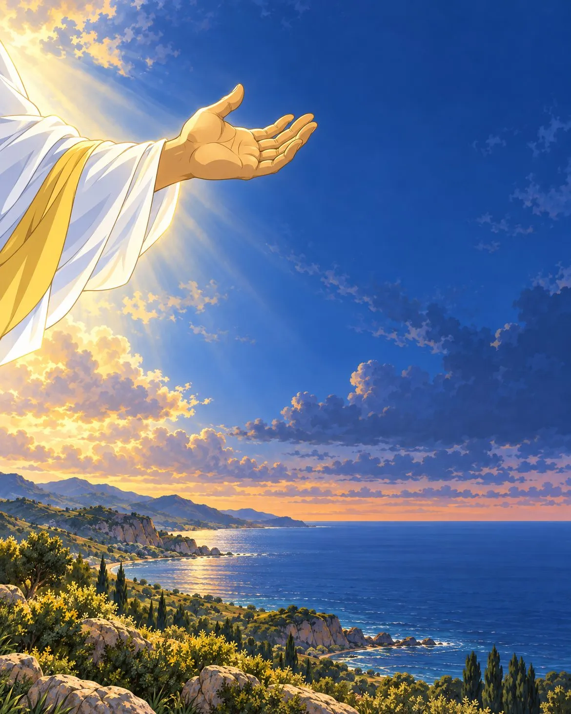 A great hand of light raised toward the empty sky above the sea.