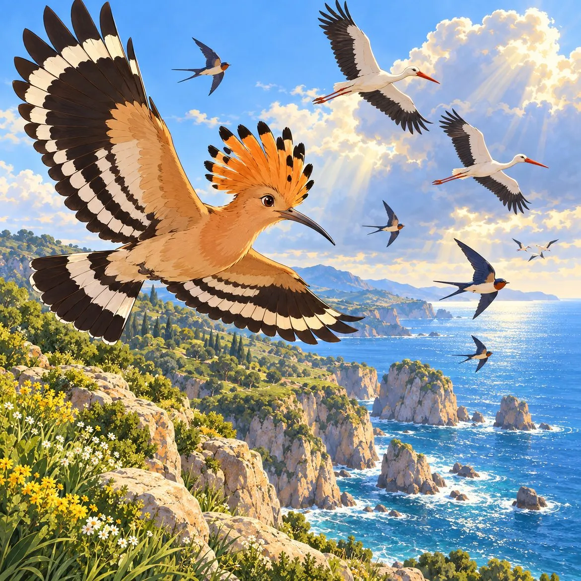 A hoopoe in flight with storks and swallows.