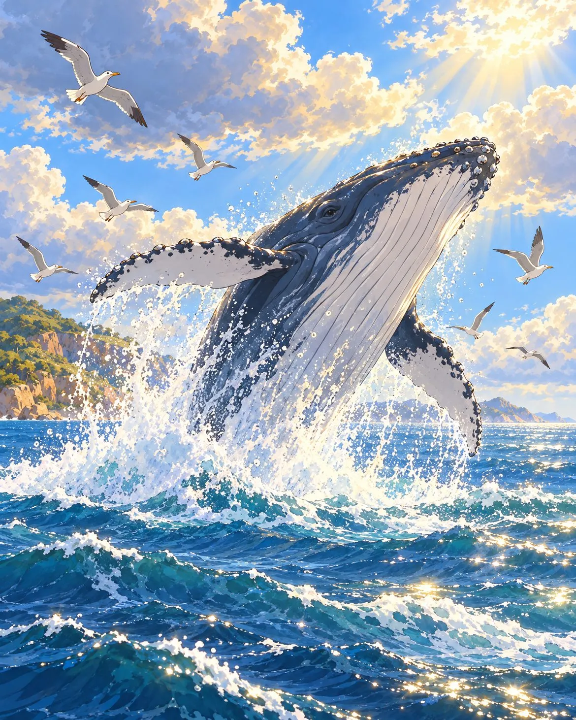 A great whale bursts out of the sea in a shower of spray.