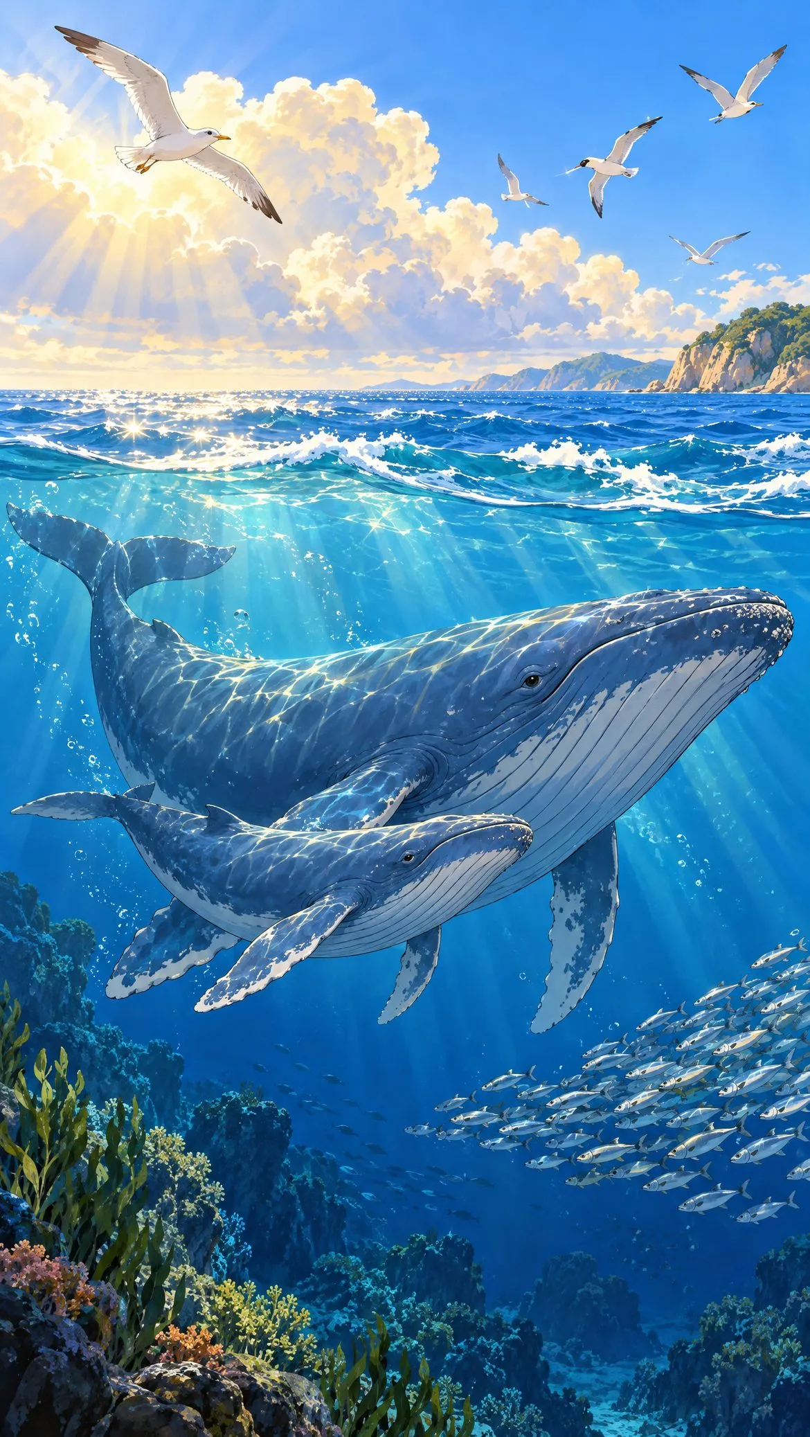 Birds over the sea; below the surface a great whale and her calf among fish.