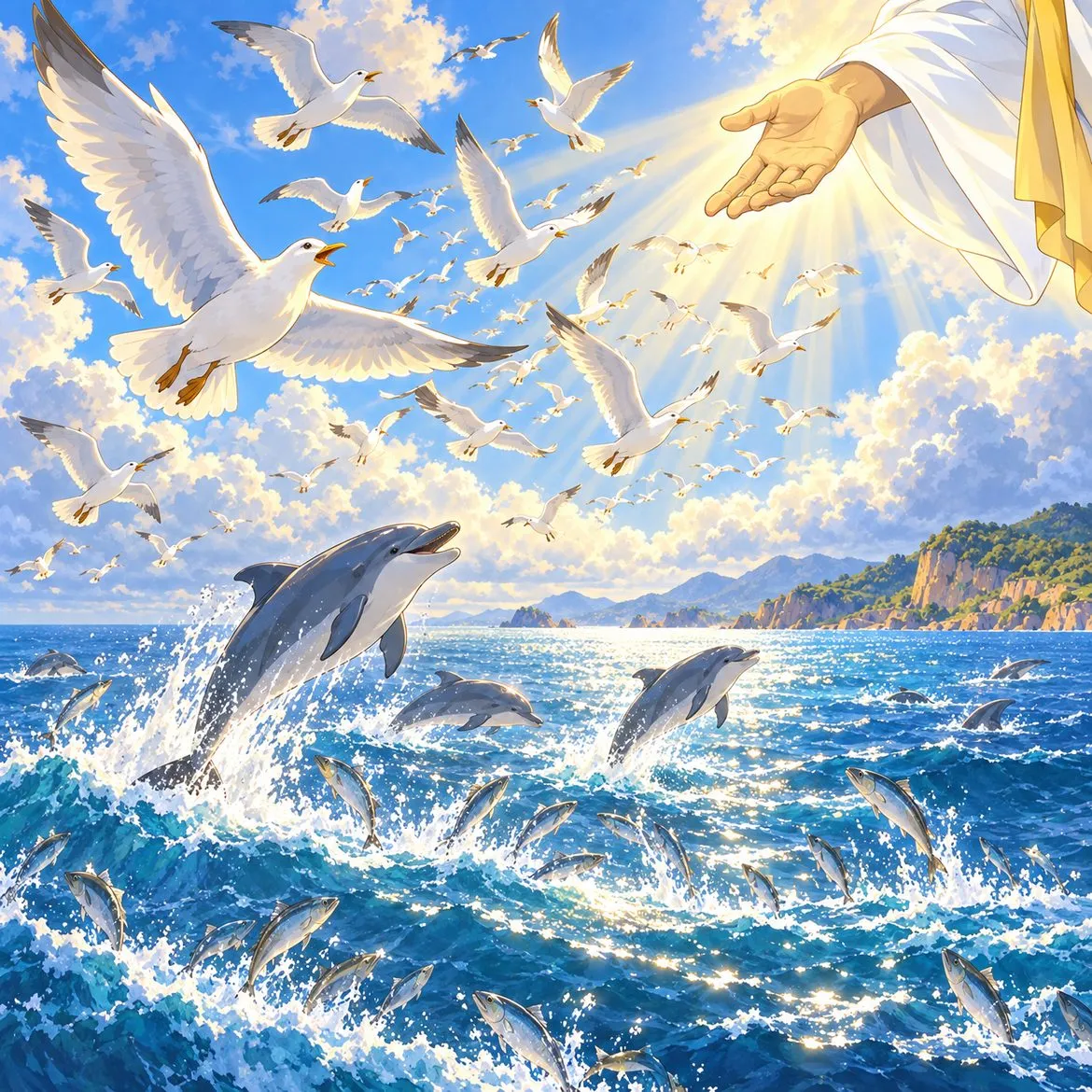 A hand of light releases a rush of gulls; dolphins leap from the sea below.