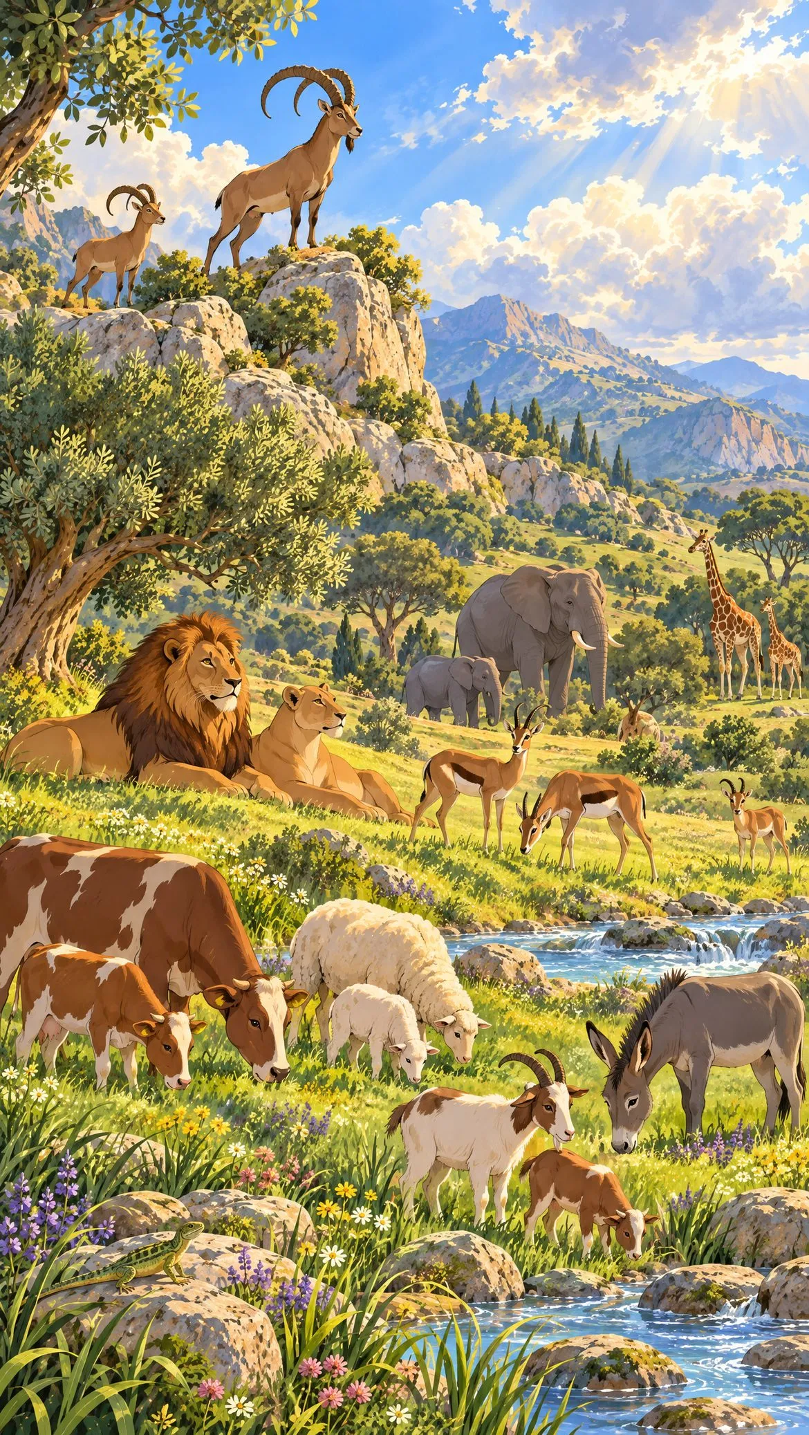 Ibex on the crags, a lion resting near grazing gazelles, cattle and sheep by a stream.