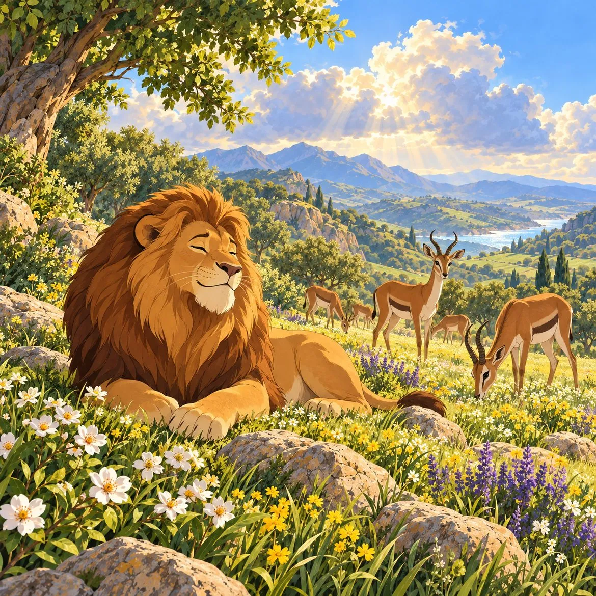 A lion resting in a flowering meadow while gazelles graze.