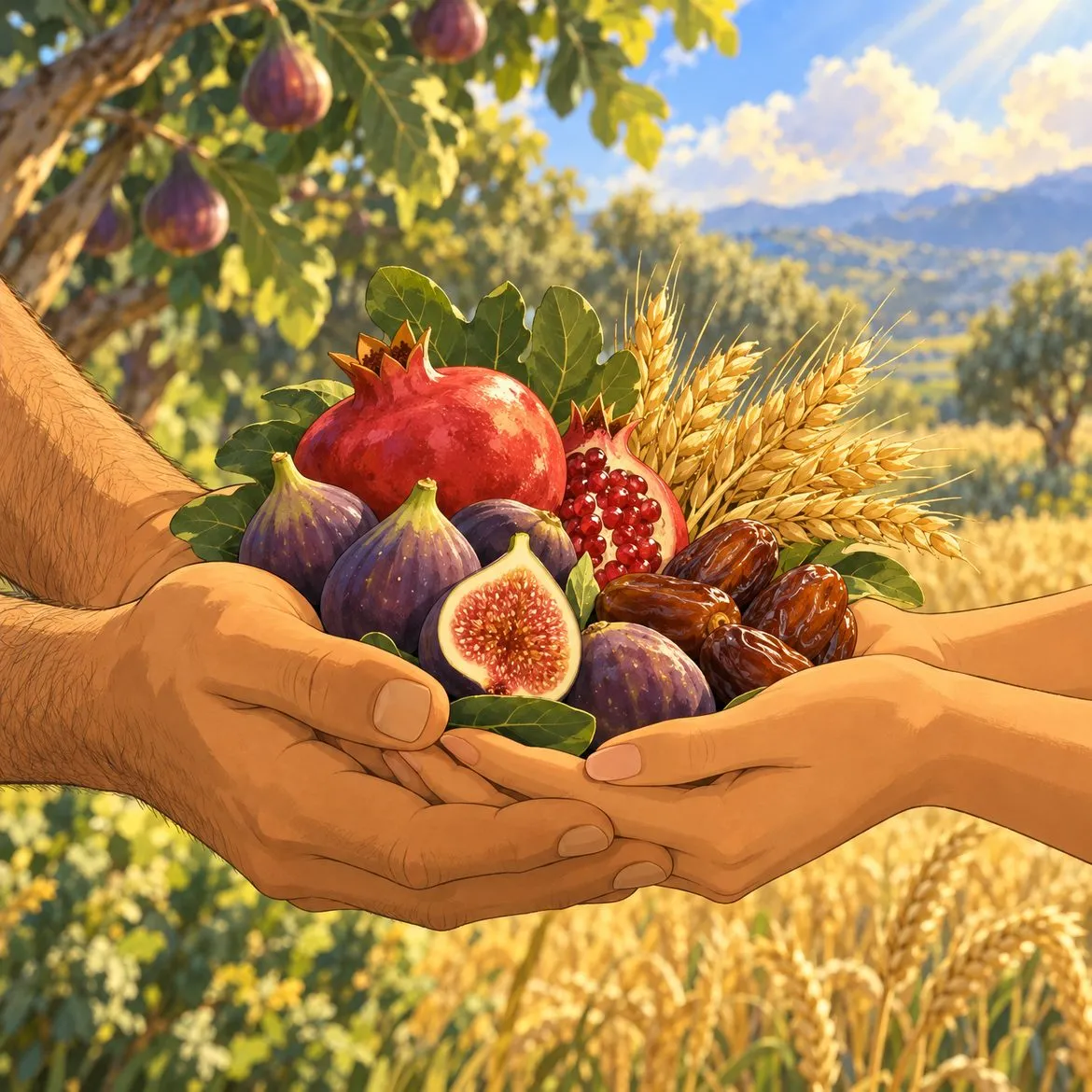 The man's and the woman's hands holding figs, a pomegranate, dates and ears of grain.