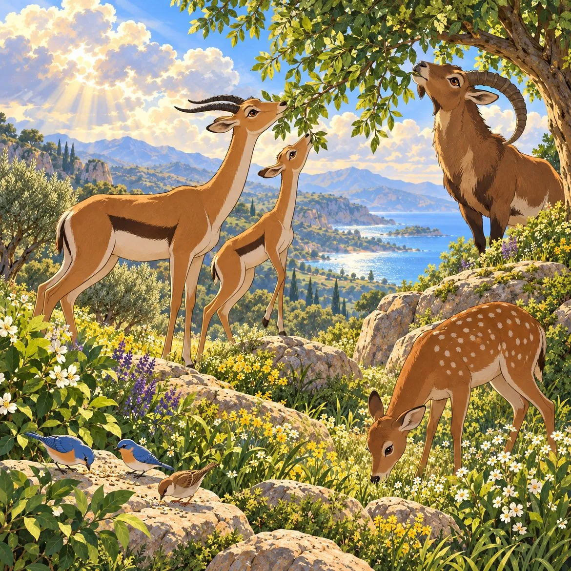 Ibex, gazelles and a deer eating green leaves.