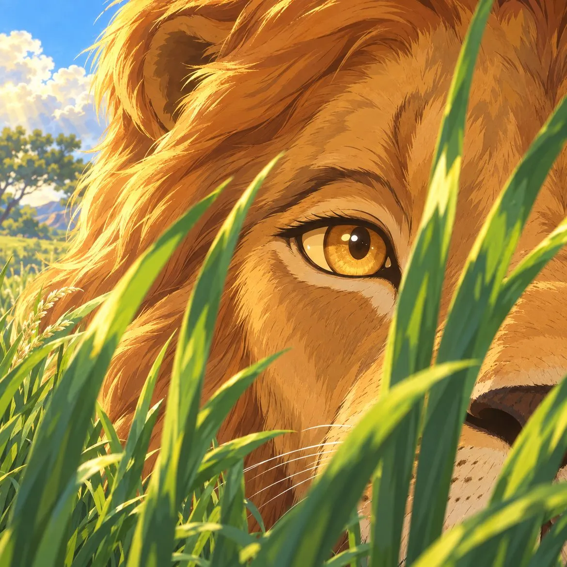 A lion's calm golden eye through tall grass.