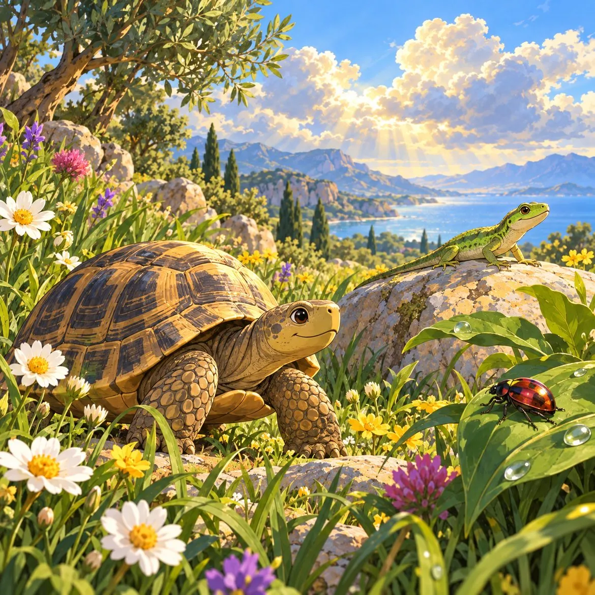 A tortoise, a lizard and a beetle among wildflowers.