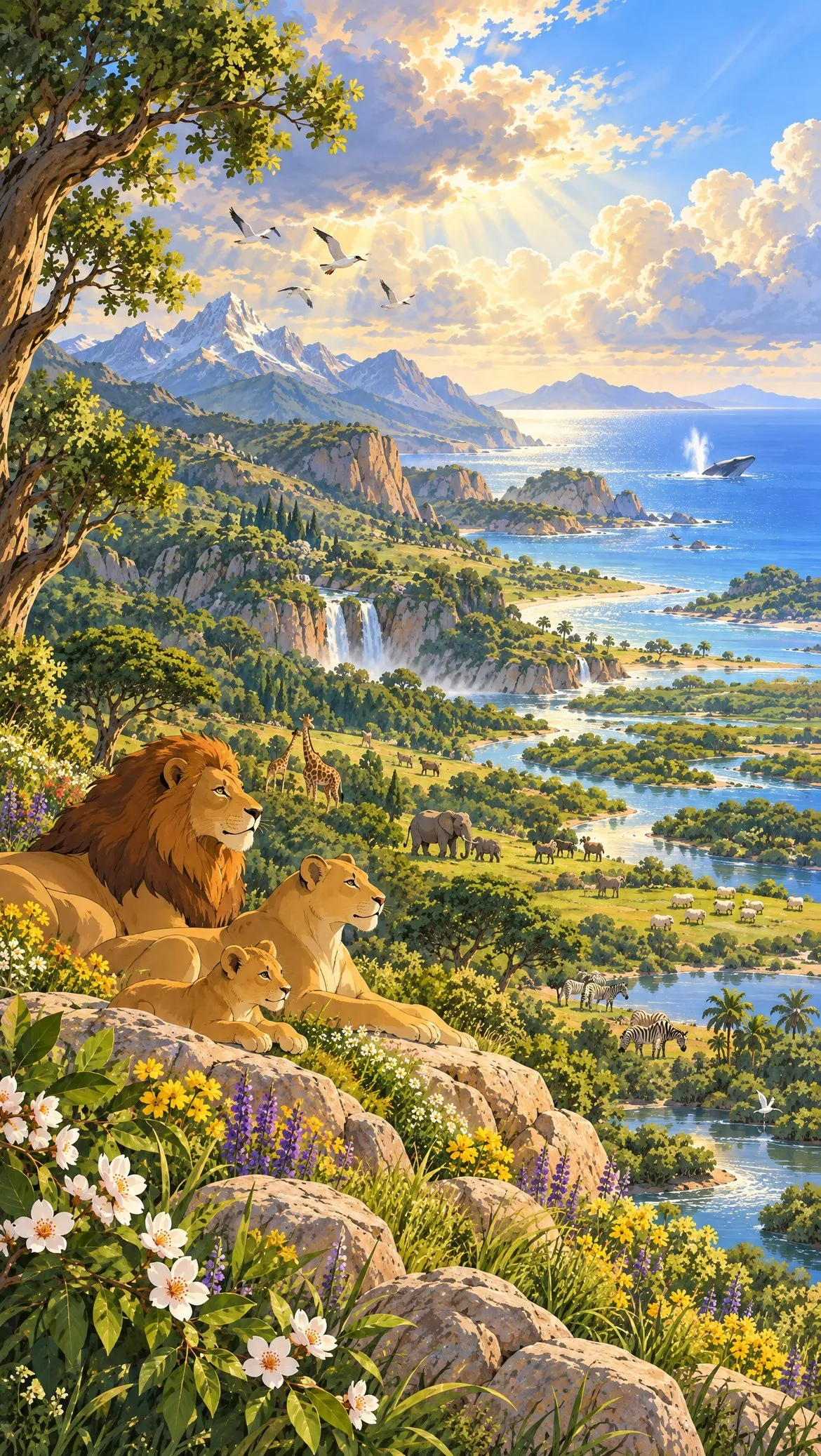The whole finished world in warm afternoon light, from mountains to the shining sea.