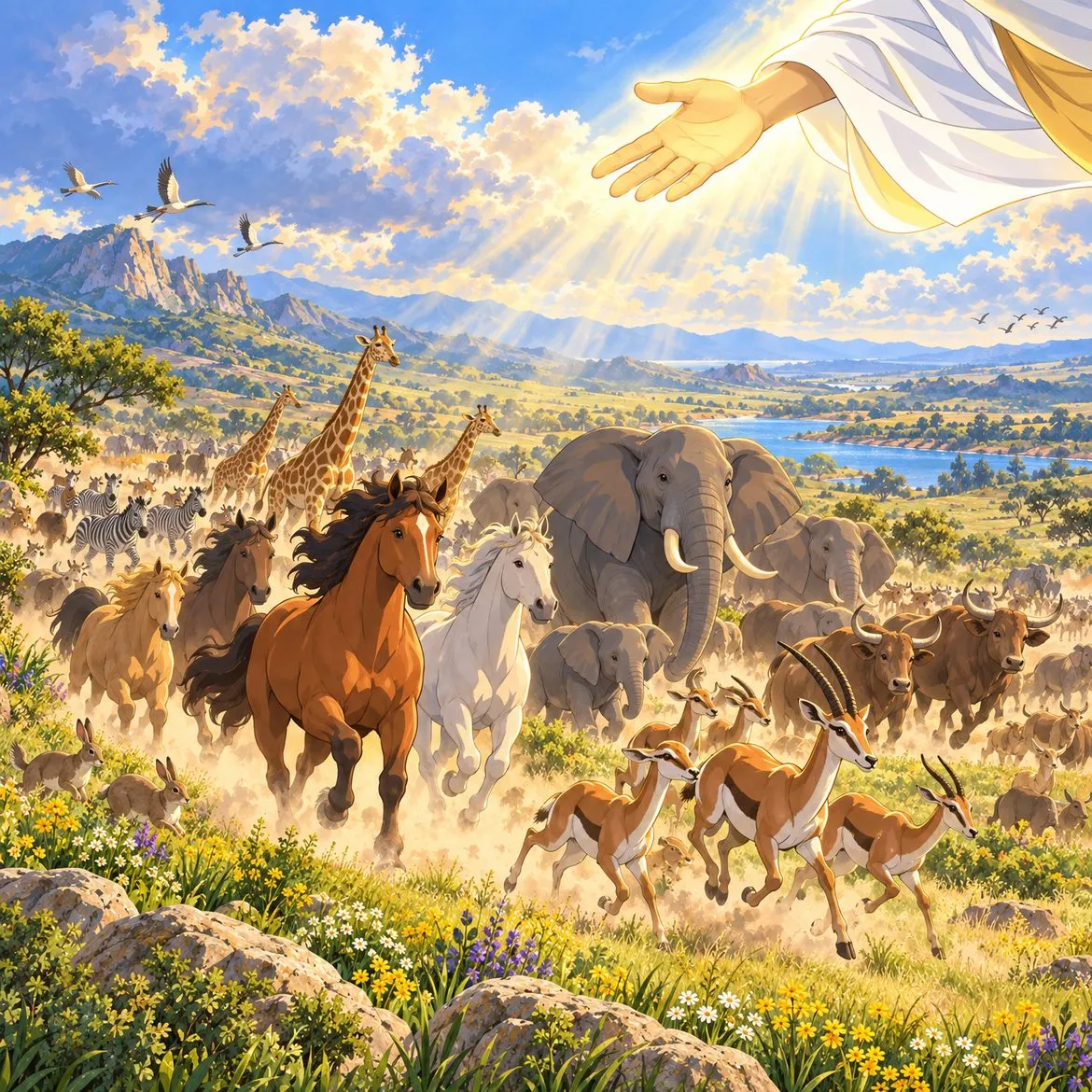 A hand of light over a plain as herds of animals burst into a run.