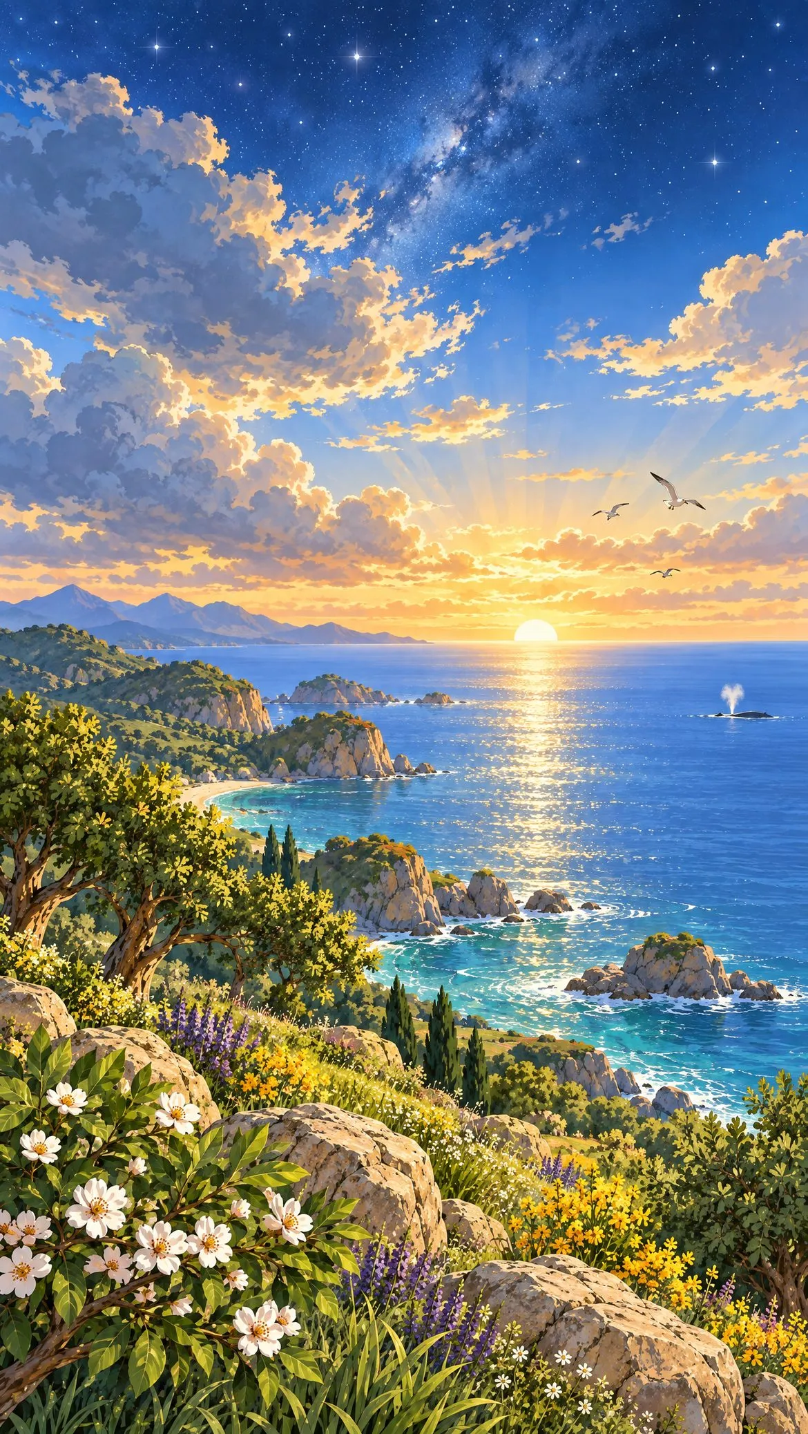 The heavens and the earth at dawn, from the last stars down to the quiet sea.