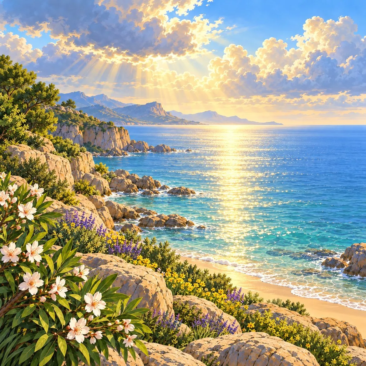 A soft glow of light resting over a calm golden sea.