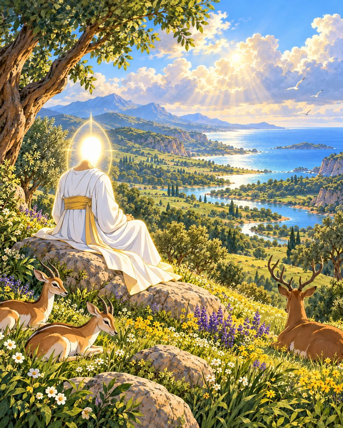 The radiant one sits at rest on a hilltop above the finished world; gazelles and a deer rest beside him.