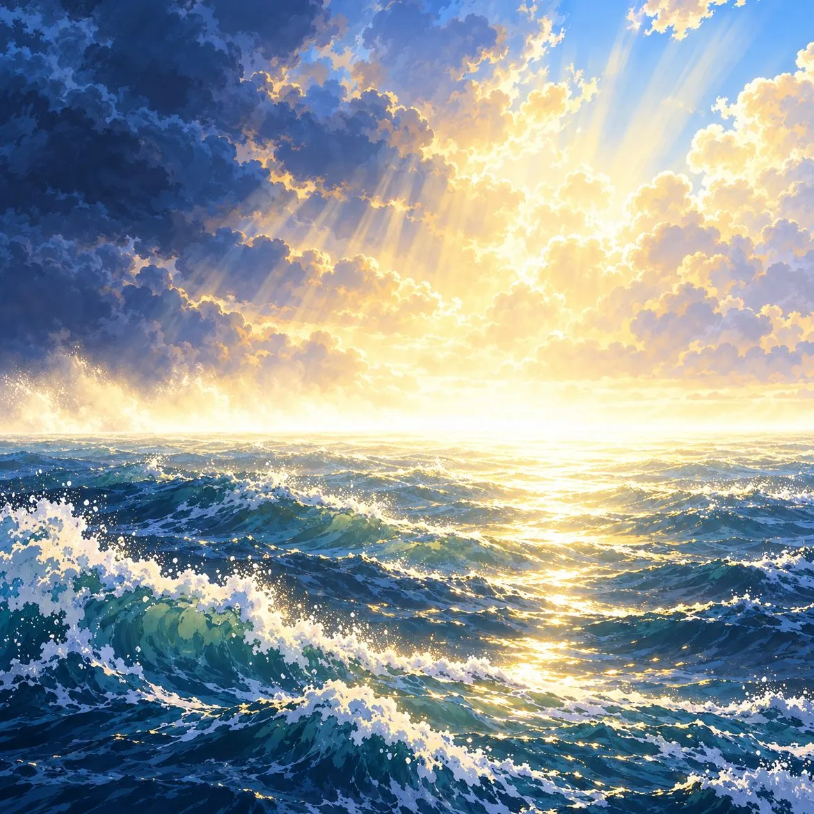 The first light floods across the sea from horizon to horizon.