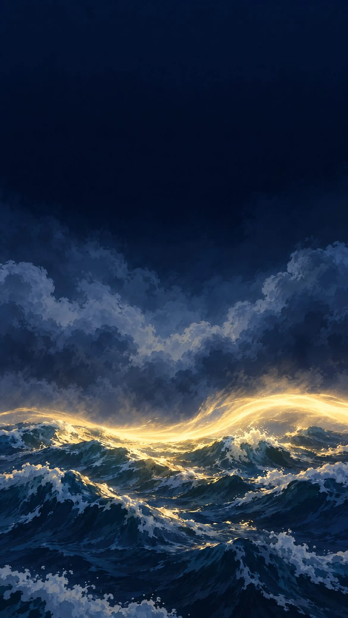The dark heavens over a formless sea; a ribbon of light hovers over the waters.