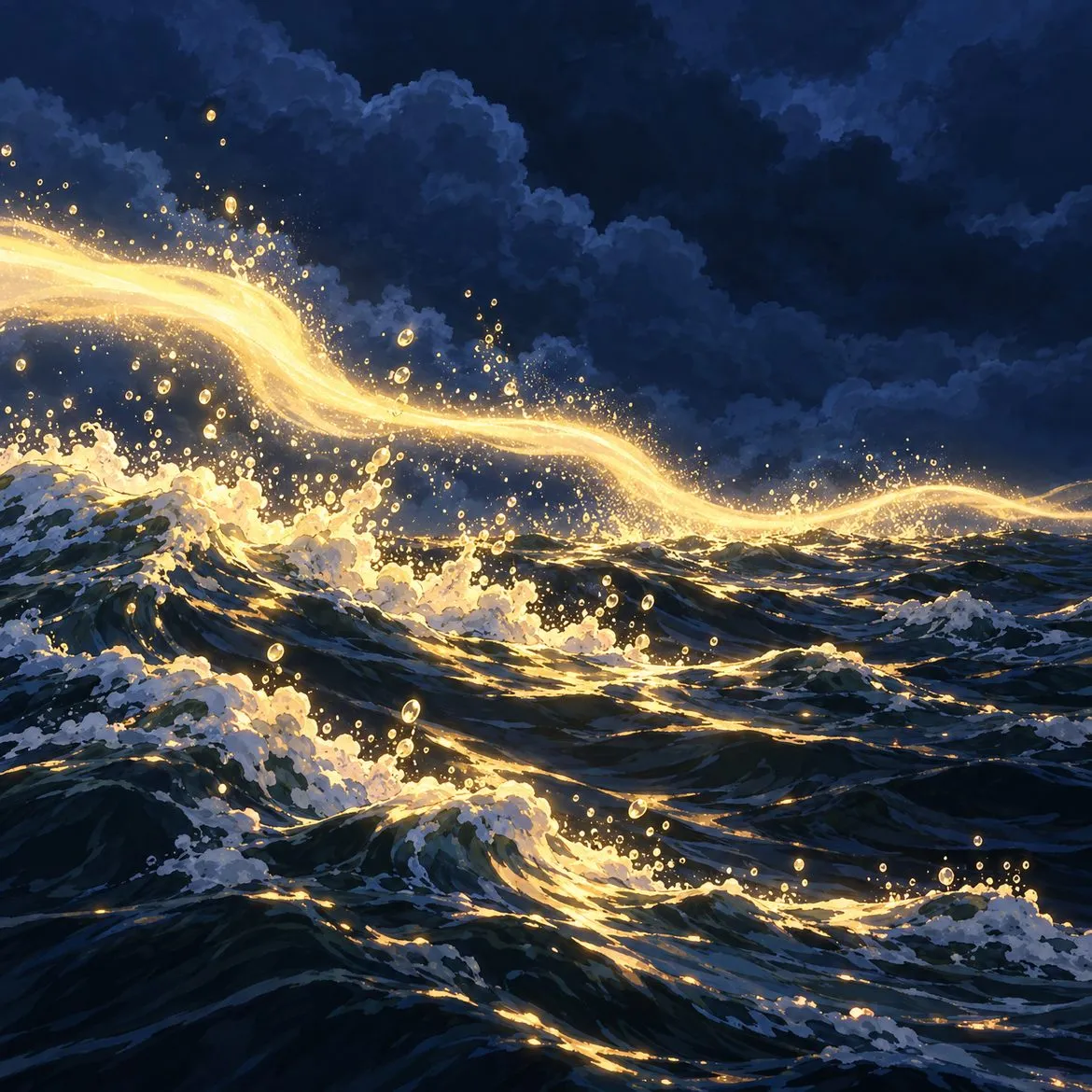 Light skims the dark water; spray lifts toward it.