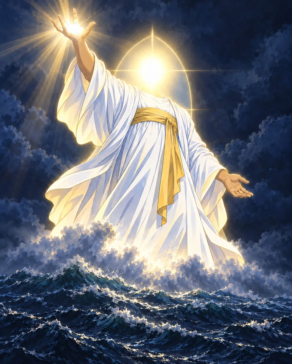 The radiant one rises over the dark sea, one hand raised; light gathers in his palm.