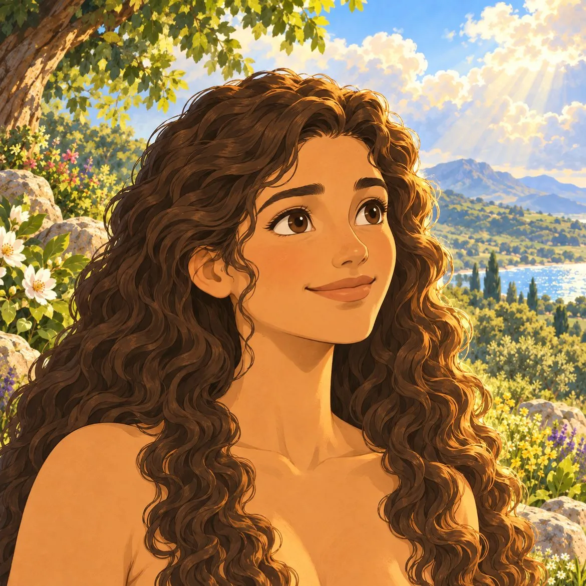 The woman opens her eyes, smiling.